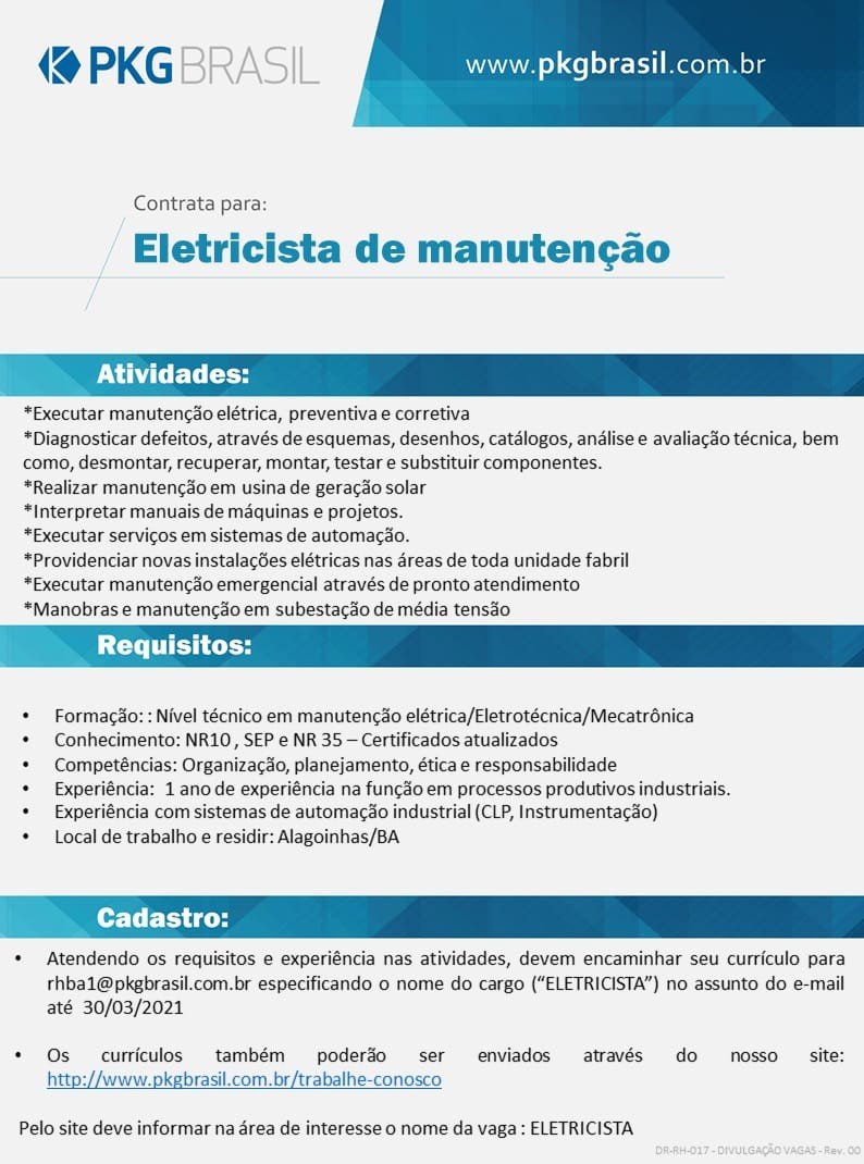 PKG contrata Eletricista de Manutenção - Alagoinhas/BA