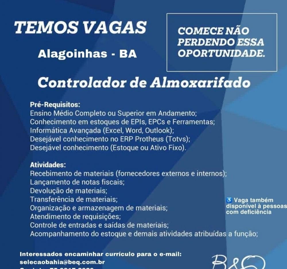 Vaga de Emprego - Controlador de Almoxarifado em Alagoinhas