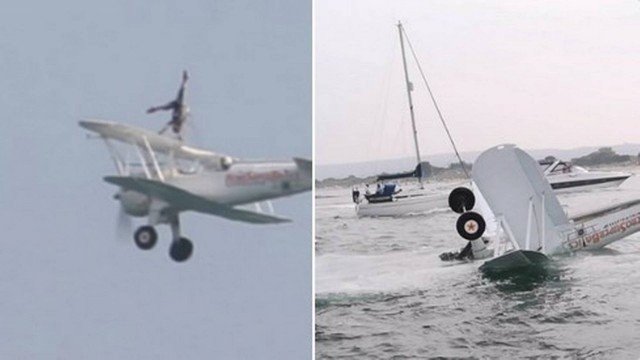 Avião com acrobata sobre asa cai no mar durante festival