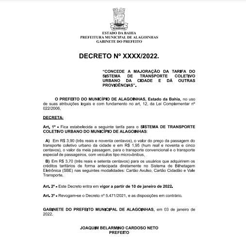 Prefeito Joaquim Neto autoriza aumento da passagem do transporte coletivo em Alagoinhas