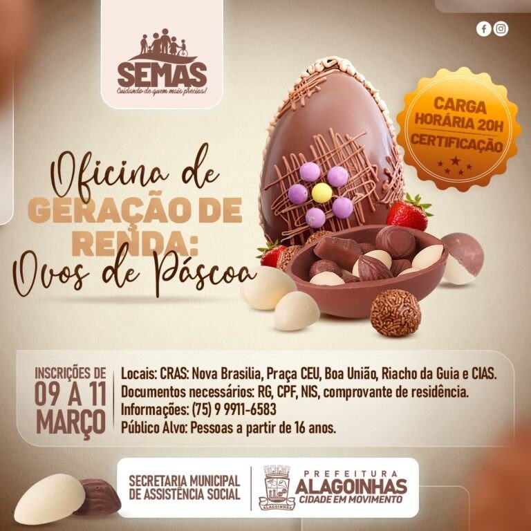 Inscrições para Oficina de Ovos de Páscoa, oferecida pela Prefeitura de Alagoinhas, começam na quarta-feira (09)