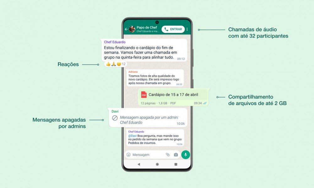 WhatsApp anuncia atualização com reações, envio de arquivos mais pesados e grupos com mais integrantes