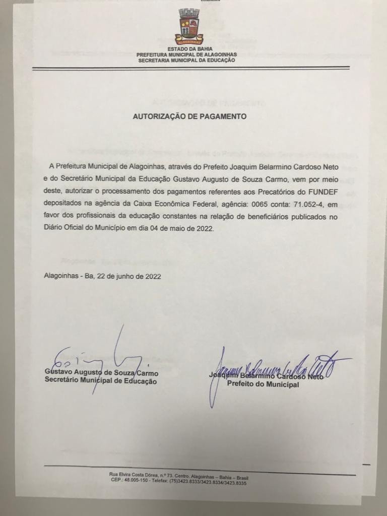 Mais uma vez Alagoinhas sai na frente: Joaquim Neto e Gustavo Carmo iniciam pagamento dos precatórios do Fundef aos professores. 958 educadores vão dividir mais de 51 milhões