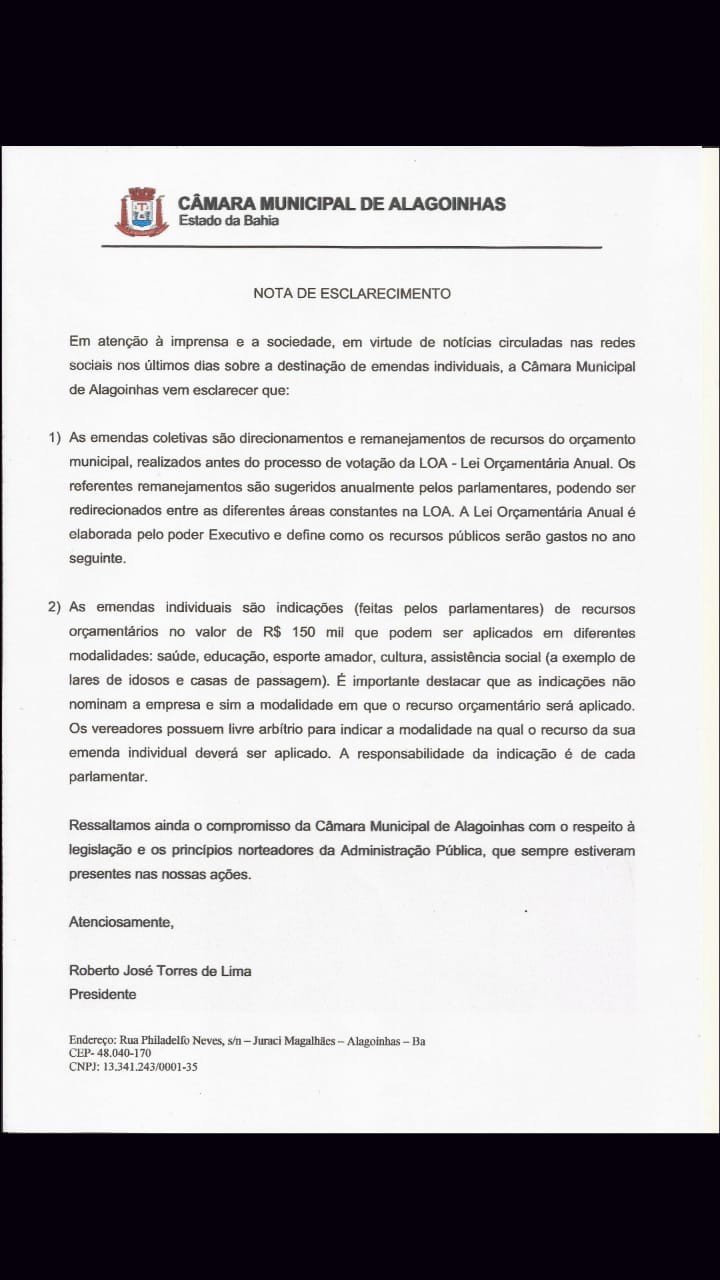 Esclarecimento sobre emendas parlamentares