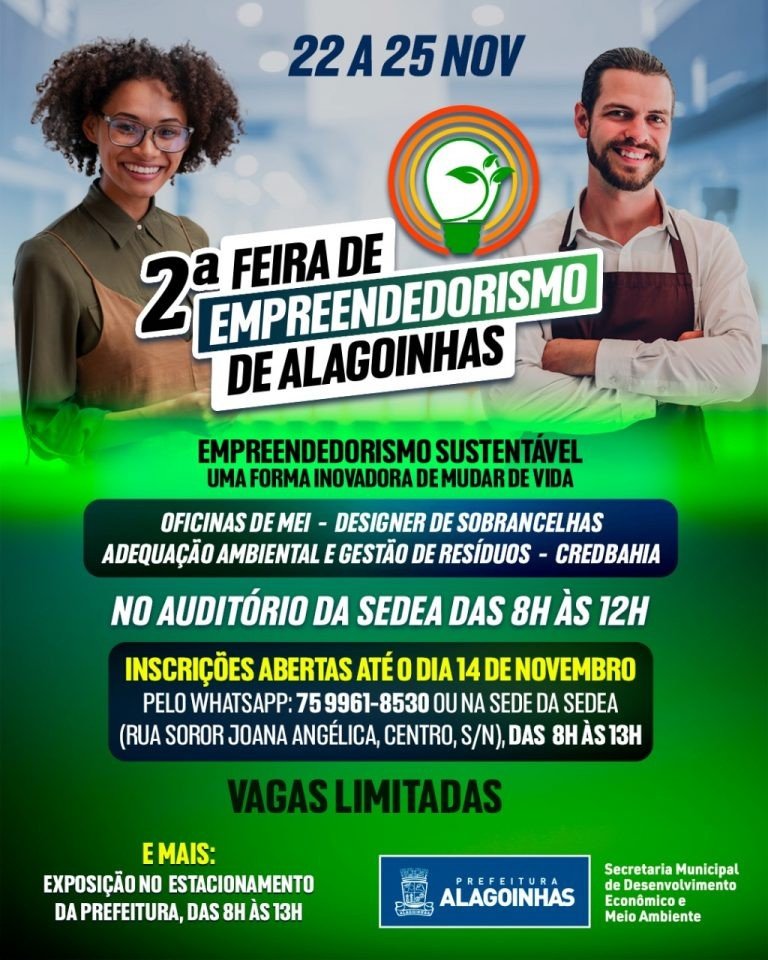II Feira de Empreendedorismo de Alagoinhas acontece de 22 a 25 de novembro; as inscrições para as oficinas já estão abertas!