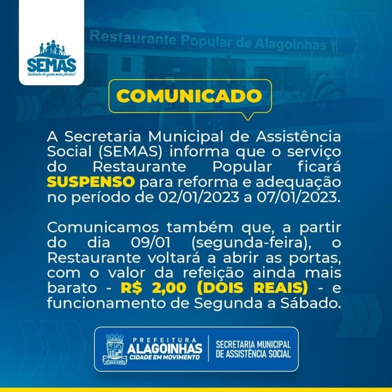 Restaurante Popular passará por reforma e volta a funcionar no dia 09 de janeiro com refeições mais baratas