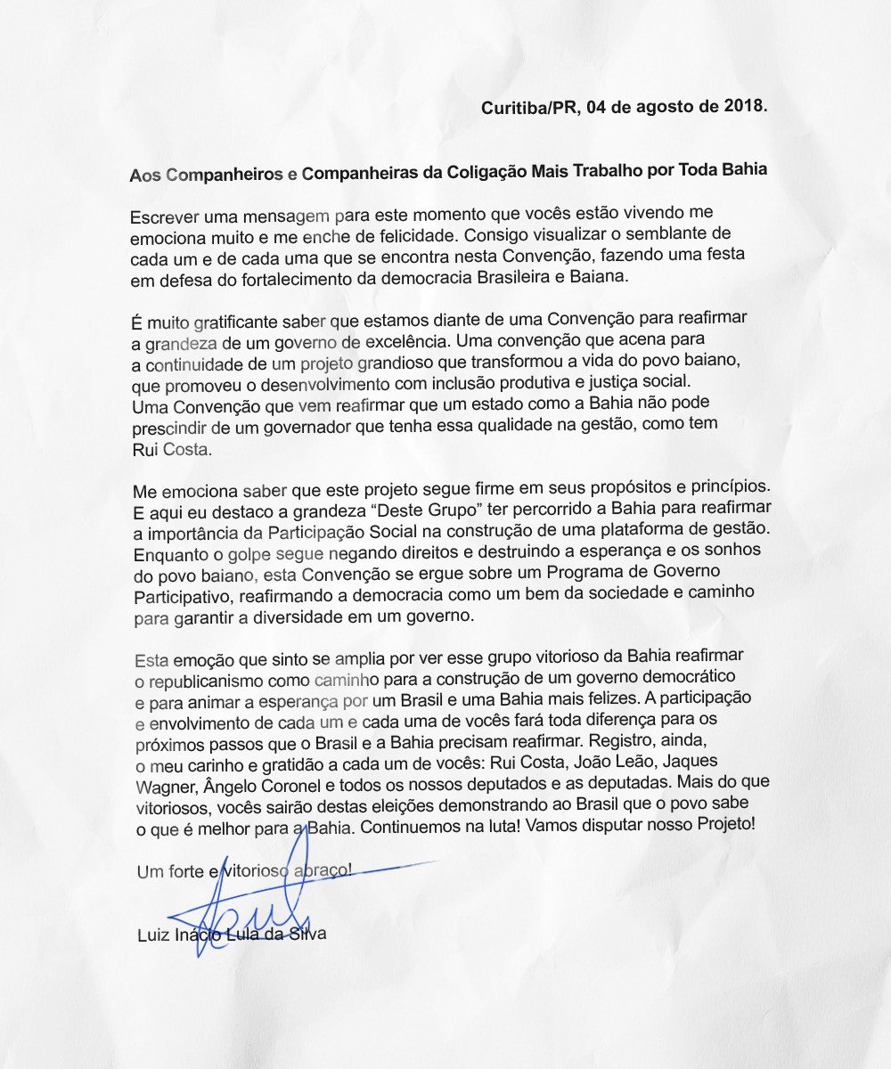 Ex-presidente Lula envia carta para a convenção “Mais Trabalho por toda a Bahia”