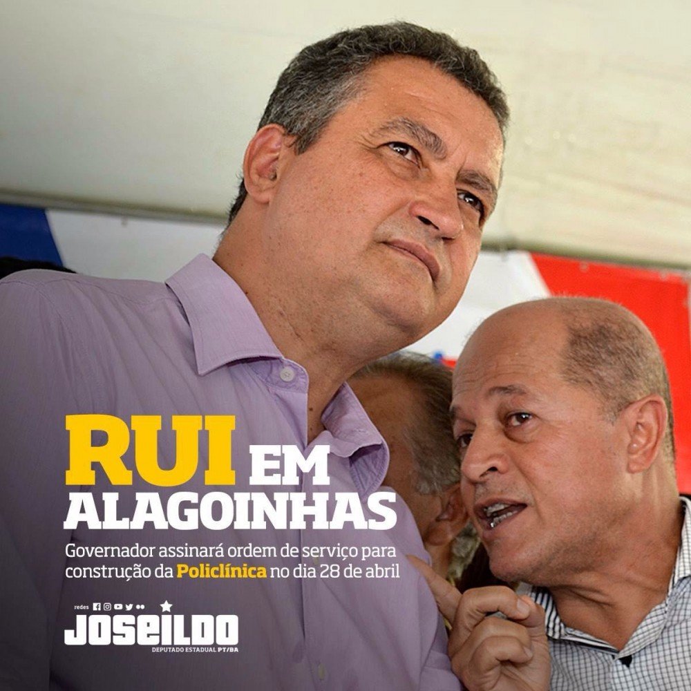 Rui Costa em Alagoinhas no dia 28/04 para assinar a OS de construção da Policlínica.