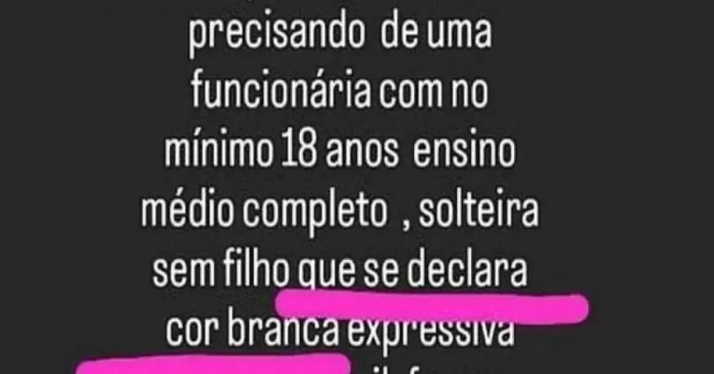 Loja do interior baiano faz post de cunho racista ao exigir mulher “branca” para vaga de emprego