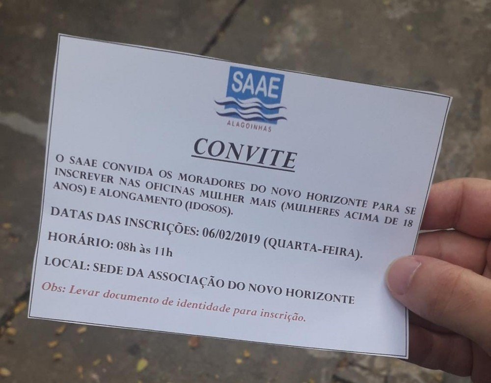 SAAE convida moradores de Novo Horizonte e Alagoinhas IV para inscrições de oficinas