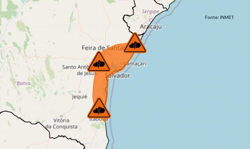 Alerta laranja para chuva intensa, ventania e raios em partes do estado da Bahia