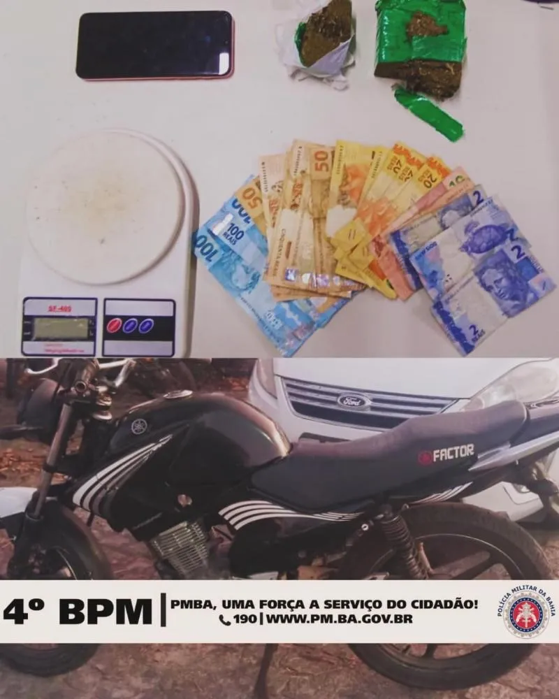 Em Alagoinhas, policiais militares apreendem balança de precisão, celular, drogas, dinheiro e motocicleta usados para tráfico