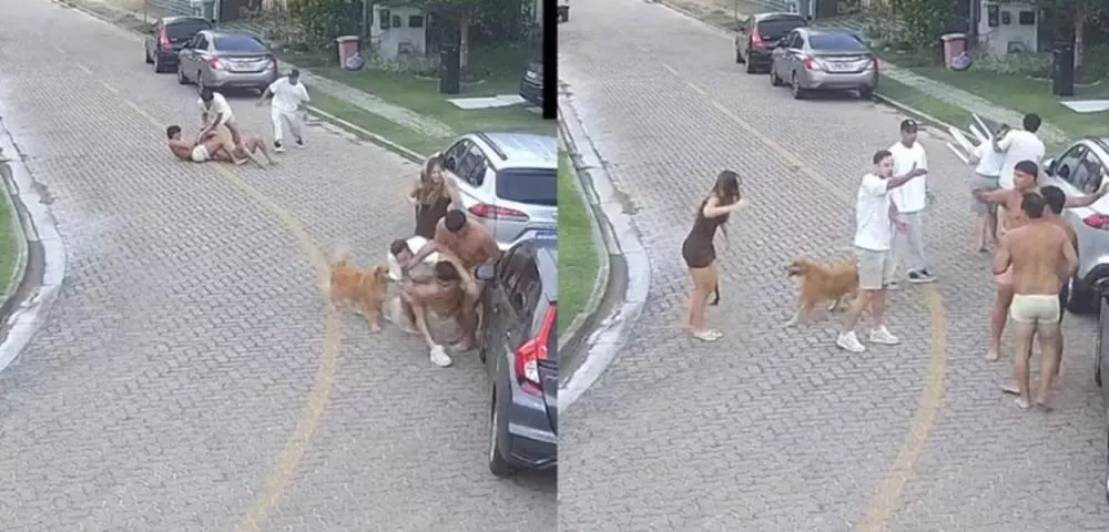 Briga generalizada entre jogadores do Fortaleza e vizinhos após reclamação de som alto é flagrada por câmeras (vídeo)