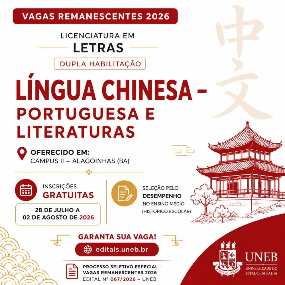 Processo seletivo da UNEB abre oportunidade para graduação em Letras com Língua Chinesa em Alagoinhas