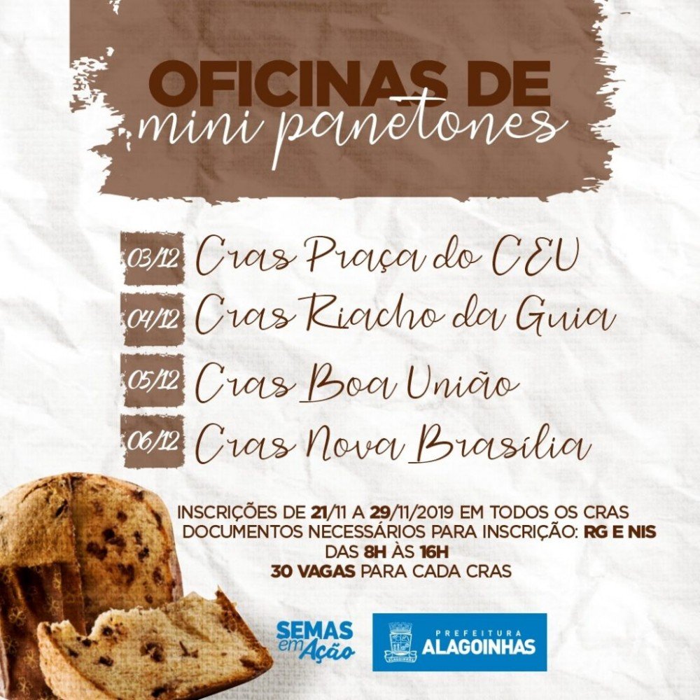 Prefeitura oferece oficinas gratuitas de panetone nos quatro CRAS; Inscrições seguem até sexta-feira (29)