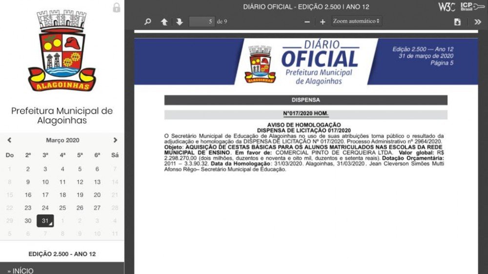 Sobre o valor contratado para fornecimento de cestas básicas