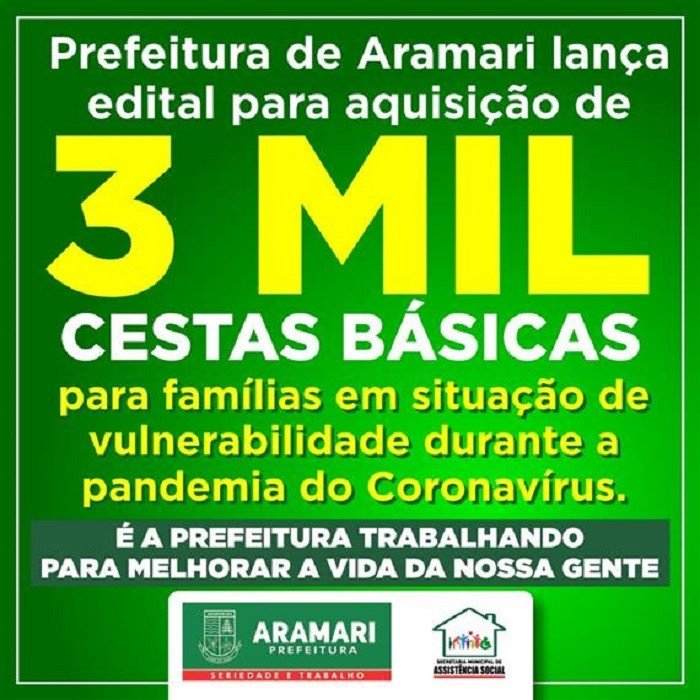 Prefeitura de Aramari faz doação de cestas básicas e lança edital para aquisição de mais 3 mil.
