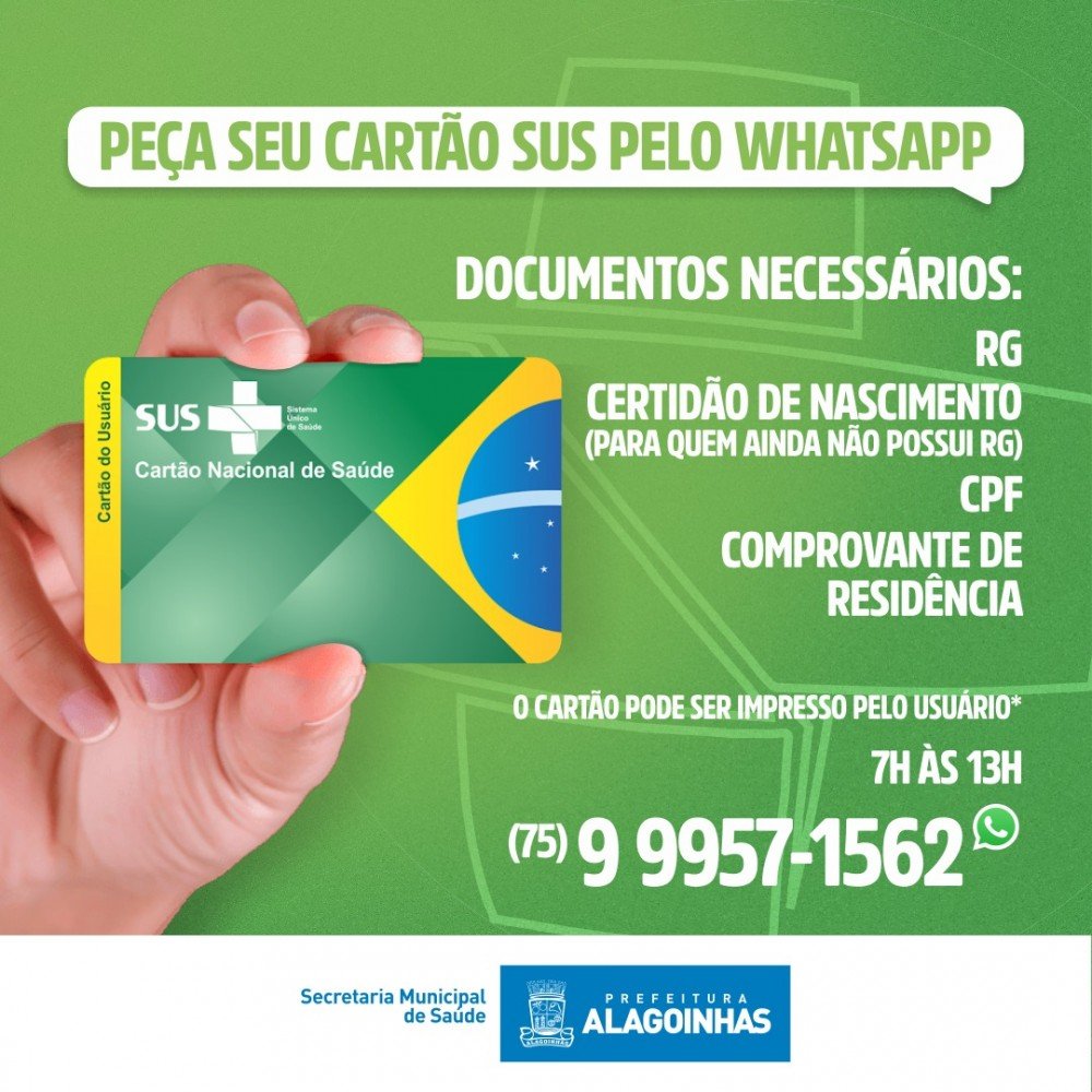 Em Alagoinhas, usuários podem solicitar a emissão do cartão SUS pelo WhatsApp; confira