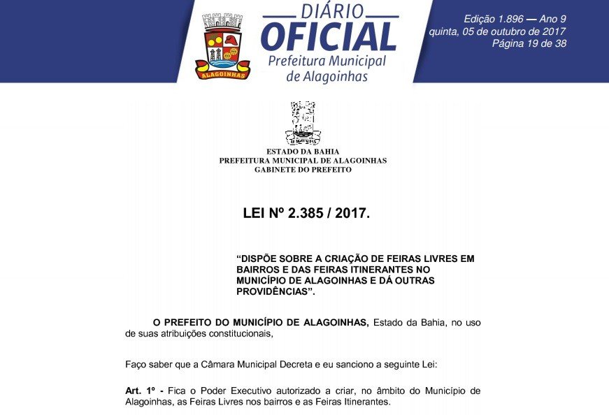 Prefeito Joaquim Neto sanciona lei que cria Feiras Livres e Feiras Itinerantes em Alagoinhas